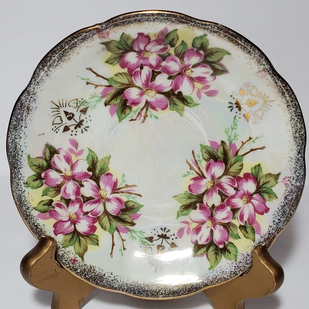 Sterling China Teacup and Saucer Pink Flowers Vintage
